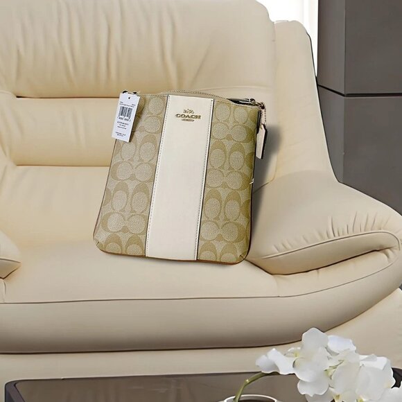 Coach CR248 Mini Rowan File Signature Canvas Stripe Light Khaki Chalk Lt Saddle - Picture 2 of 5